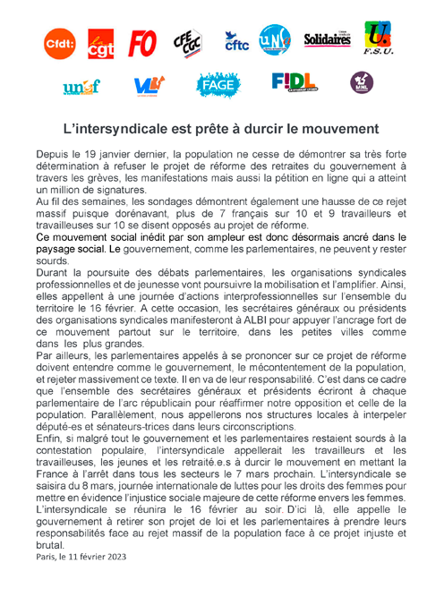 411 communique Intersyndical du 11 fevrier 2023